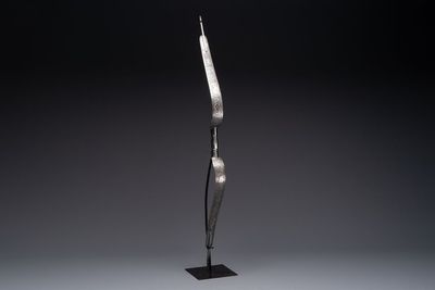 An Indo-Persian steel ceremonial bow or 'arc en acier' with silver koftgari inlay, 18/19th C.