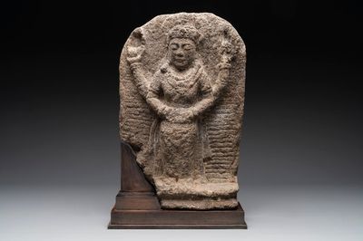 An Indonesian lavastone stele depicting goddess Durga, Central Java, 10/11th C.