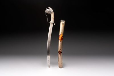 An Indonesian 'pedang palembang' sword with a silver-alloy-mounted and tortoiseshell-veneered scabbard, Sumatra, 19th C.