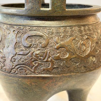 An inscribed Chinese archaistic bronze tripod incense burner with hongmu cover — photo 6