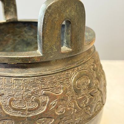 An inscribed Chinese archaistic bronze tripod incense burner with hongmu cover — photo 8