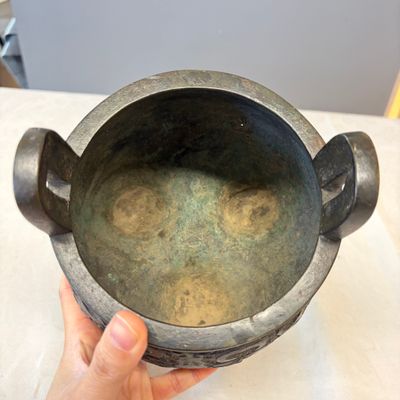 An inscribed Chinese archaistic bronze tripod incense burner with hongmu cover — photo 9