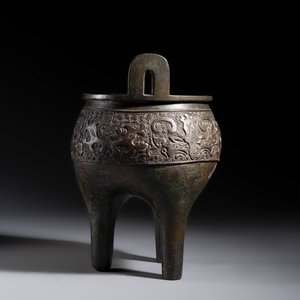 An inscribed Chinese archaistic bronze tripod incense burner with hongmu cover — photo 3