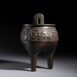 An inscribed Chinese archaistic bronze tripod incense burner with hongmu cover — photo 5