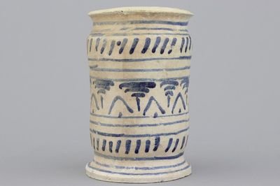 An intact Antwerp maiolica blue and white albarello, ca. 1600
