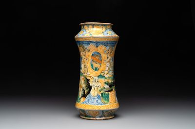 An Italian maiolica albarello with the arms of Boerio, Angelo and Ludovico Picchi workshop, Casteldurante, ca. 1562-1563