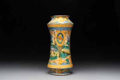 An Italian maiolica albarello with the arms of Boerio, Angelo and Ludovico Picchi workshop, Casteldurante, ca. 1562-1563