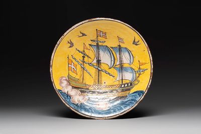 An Italian maiolica dish with a Danish ship, 19th C.