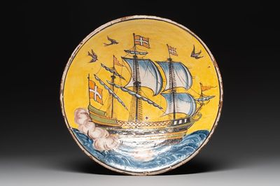 An Italian maiolica dish with a Danish ship, 19th C.