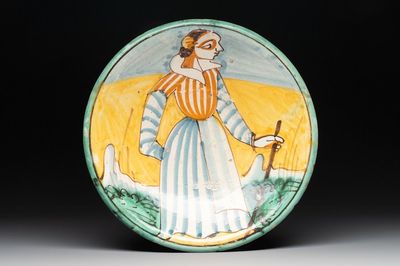 An Italian maiolica dish with a lady, Montelupo, 17th C.