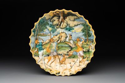 An Italian maiolica istoriato crespina with the Abduction of Ganymede, probably Rimini, ca. 1570
