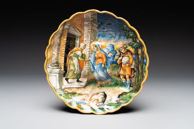 An Italian maiolica 'Istoriato' crespina with The Visitation of Mary to Elizabeth, workshop of Maestro Domenego, Venice, ca. 1570