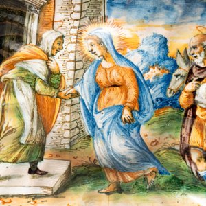 An Italian maiolica 'Istoriato' crespina with The Visitation of Mary to Elizabeth, workshop of Maestro Domenego, Venice, ca. 1570 — photo 3