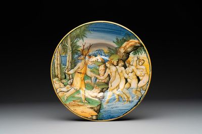 An Italian maiolica istoriato dish with Diana and Actaeon, Urbino, ca. 1550