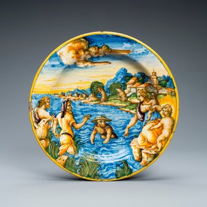 An Italian maiolica mythological subject 'Latona and the Frogs' dish, Urbino, 16th C. — 照片 1