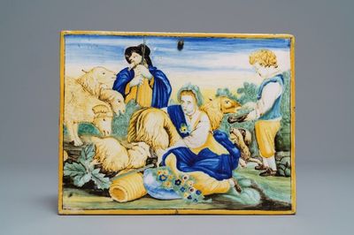 An Italian maiolica pastoral scene plaque, Castelli, 18th C.