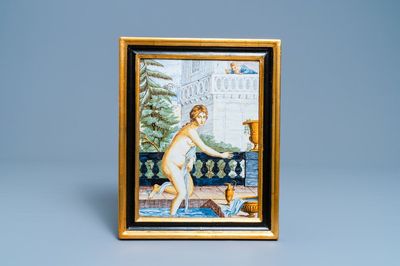 An Italian maiolica 'Susanna and the Elders' plaque, Castelli, 18th C.
