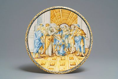 An Italian maiolica tazza with fine biblical scene, Castelli, Grue workshop, 18th C.