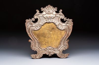 An Italian ‘Memento Mori’ brass plate with skeleton engraving, mounted in an altar card, 18/19th C.