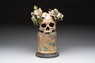 An Italian 'vanitas' or 'memento mori' skull mounted on wooden base, 19/20th C.