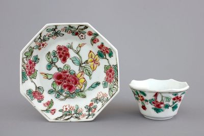An octagonal Chinese floral famille rose porcelain cup and saucer, 18th C.