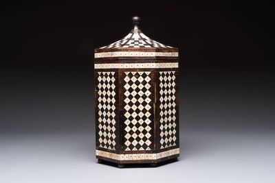 An Ottoman bone and horn-inlaid octagonal wooden casket, 19th C.