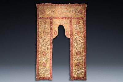 An Ottoman metal-thread-embroidered velvet mosque portière, 19th C.