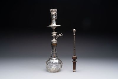An Ottoman silver-mounted cut-glass hookah with an enamelled silver mouthpiece, 19th c.