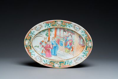 An oval Chinese Canton famille rose dish, 19th C.