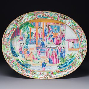An oval Chinese Canton famille rose dish with narrative design, 19th C. — photo 1