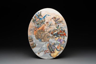 An oval Chinese polychrome-decorated 'Monkey King 孫悟空' plaque, 20th C.