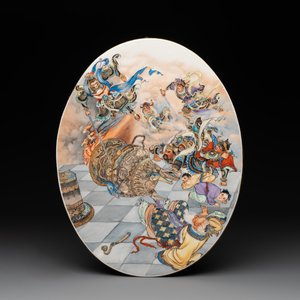 An oval Chinese polychrome-decorated 'Monkey King 孫悟空' plaque, 20th C. — photo 1