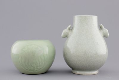 An underglaze decorated Chinese celadon brushwasher and a crackle glazed hu-shaped vase, 19/20th C.