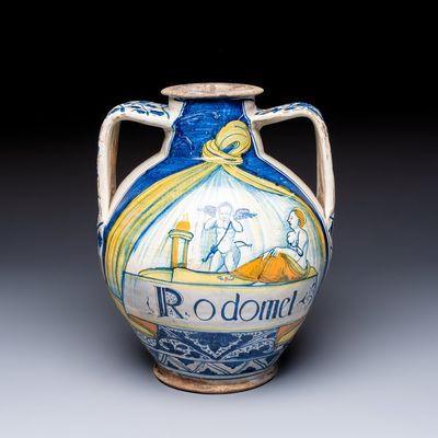 An unusual large polychrome Italian maiolica two-handled 'Cupid and Psyche' wet drug jar inscribed 'Rodomel', probably Rome, early 16th C., probably Rome, early 16th C.