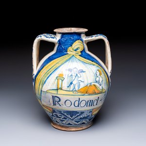 An unusual large polychrome Italian maiolica two-handled 'Cupid and Psyche' wet drug jar inscribed 'Rodomel', probably Rome, early 16th C. — photo 1