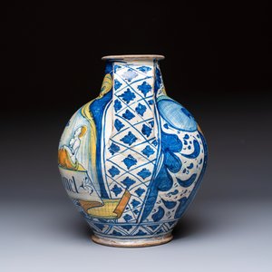 An unusual large polychrome Italian maiolica two-handled 'Cupid and Psyche' wet drug jar inscribed 'Rodomel', probably Rome, early 16th C. — photo 3