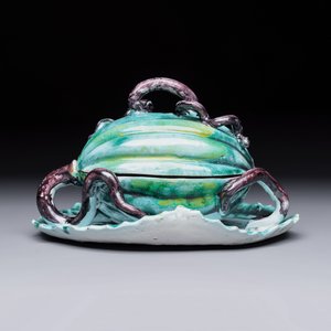 An unusual Brussels faience melon-shaped tureen and cover on a leaf-form stand — photo 5