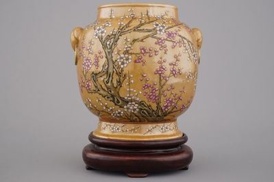 An unusual Chinese famille rose brown ground vase on stand, 19th C.
