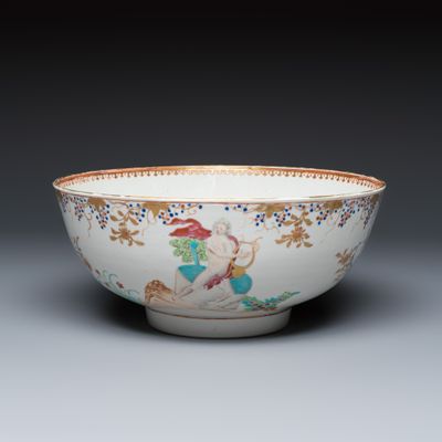 An unusual Chinese famille rose export porcelain 'Apollo playing the lyre' bowl, Qianlong