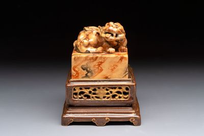 An unusual Chinese marble-glazed 'Qianlong Yu Bi 乾隆御筆' seal and stand, Qianlong mark, Republic