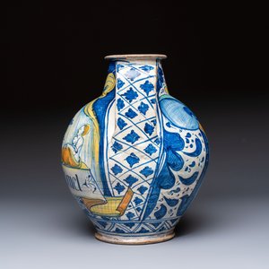 An unusual large polychrome Italian maiolica two-handled 'Cupid and Psyche' wet drug jar inscribed 'Rodomel', probably Florence, early 16th C. — foto 3