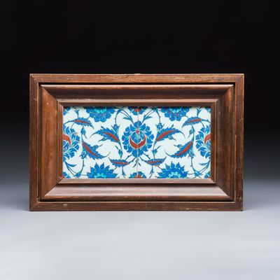 An unusual pair of small square Iznik tiles with saz leaves, Turkey, 16/17th C.