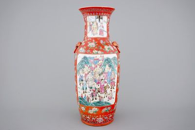An unusual tall Chinese porcelain coral red ground vase, 19th C.