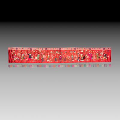 An very large Chinese embroidered silk red-ground 'Sanxing and Eight Immortals' panel , 19th C.