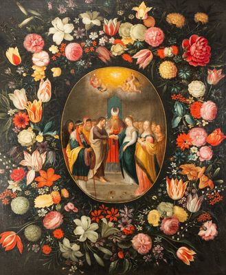 Andries Daniels (c. 1580-1640), attribué à: 'Le mariage de Marie et Joseph' dans un médaillon ovale entouré d'une guirlande florale, huile sur toile