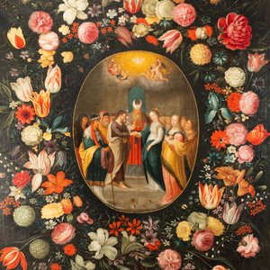 Andries Daniels (c. 1580-1640), attribué à: 'Le mariage de Marie et Joseph' dans un médaillon ovale entouré d'une guirlande florale, huile sur toile — photo 1