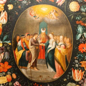 Andries Daniels (c. 1580-1640), attribué à: 'Le mariage de Marie et Joseph' dans un médaillon ovale entouré d'une guirlande florale, huile sur toile — photo 4