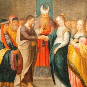 Andries Daniels (c. 1580-1640), attribué à: 'Le mariage de Marie et Joseph' dans un médaillon ovale entouré d'une guirlande florale, huile sur toile — photo 6