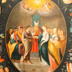 Andries Daniels (c. 1580-1640), attribué à: 'Le mariage de Marie et Joseph' dans un médaillon ovale entouré d'une guirlande florale, huile sur toile — photo 7