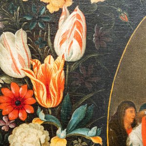 Andries Daniels (c. 1580-1640), attributed to: 'The wedding of Mary and Joseph' in an oval medallion with a floral garland, oil on canvas — 照片 15
